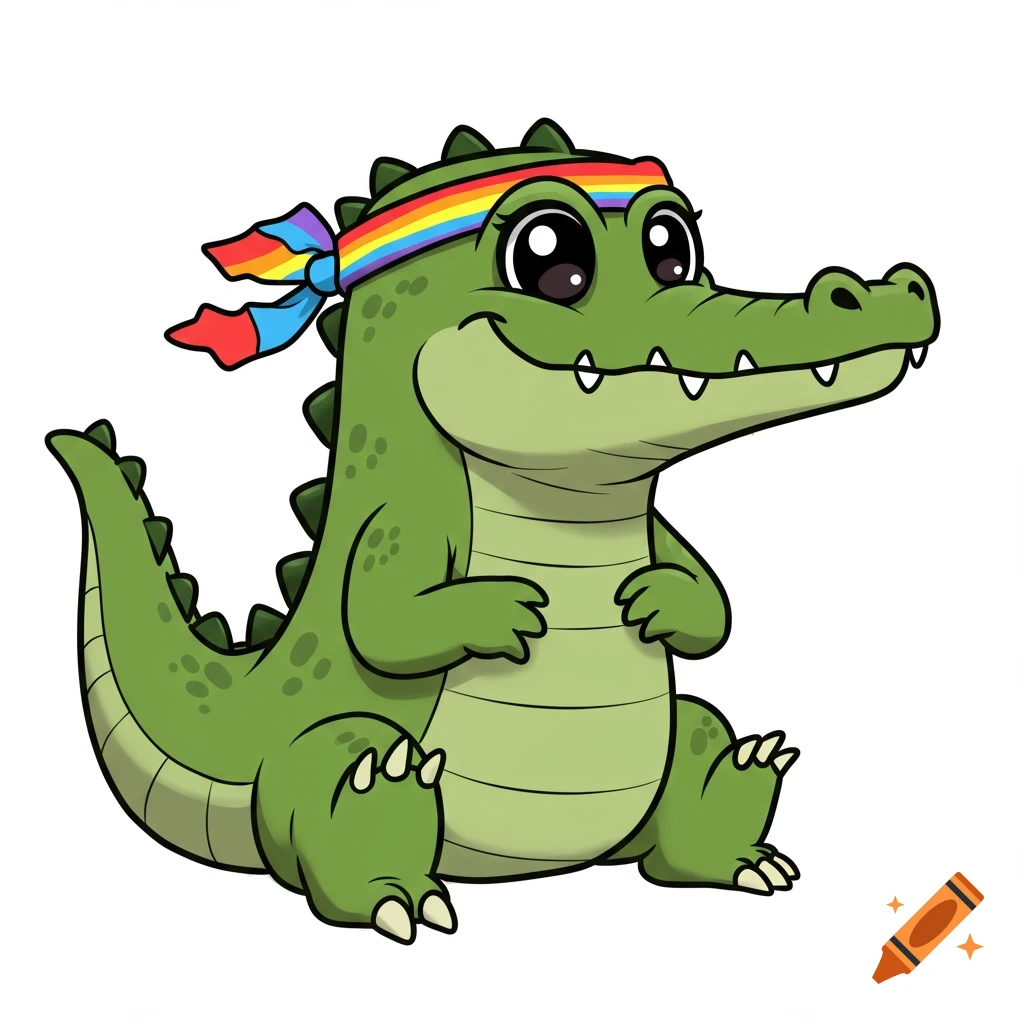 A cute cartoon crocodile wears a rainbow sweatband.