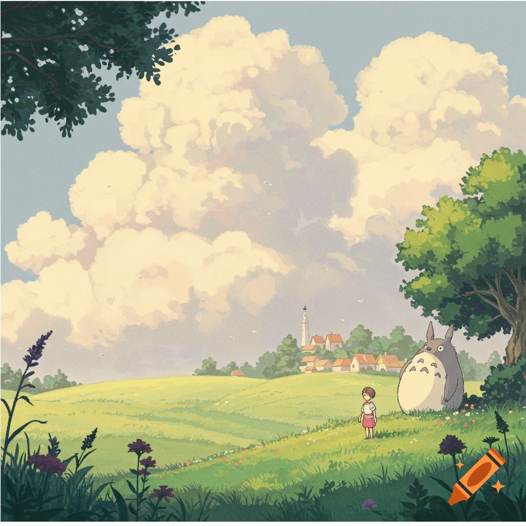 A girl and a large furry creature stand in a grassy field with hills and a village in the background, in a Studio Ghibli style.