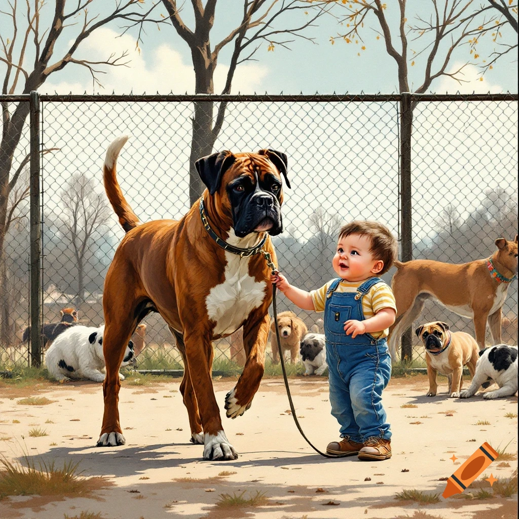 Painterly image of a baby walking a large boxer dog in a dog park.