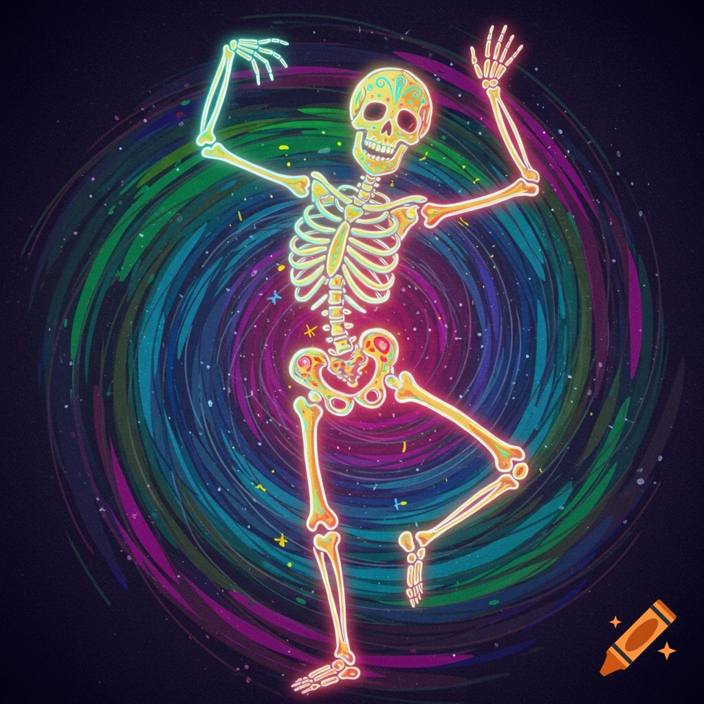 A neon-colored stylized skeleton dances in front of a swirling galaxy background.