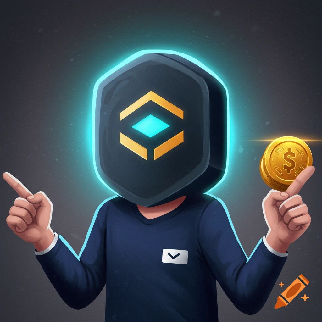 A cartoon person with a geometric shield-like head points while holding up a gold coin with a dollar sign.