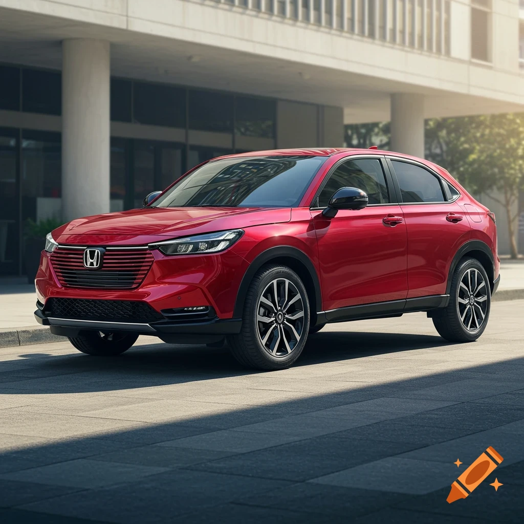 A red Honda HR-V SUV parked in front of a modern building on a sunny day