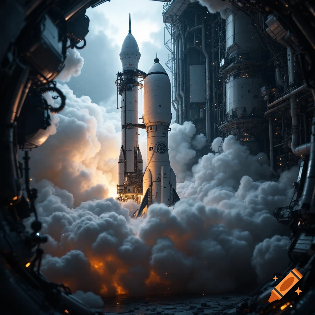 Two rockets launch amidst thick smoke and fire from an industrial complex, viewed through a porthole.