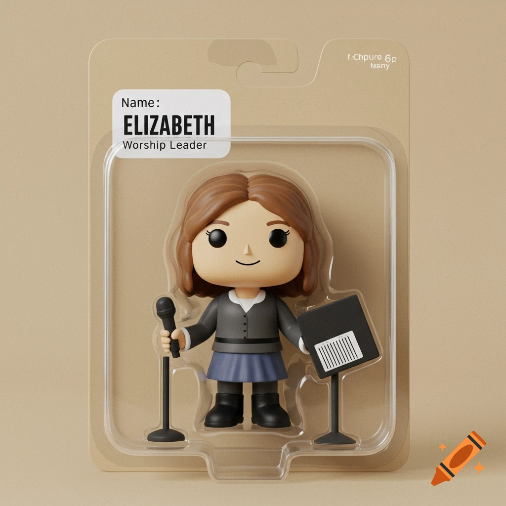 A stylized toy figure of a woman holding a microphone and standing by a music stand, packaged in clear blister packaging. The label says "Name: Elizabeth Worship Leader".