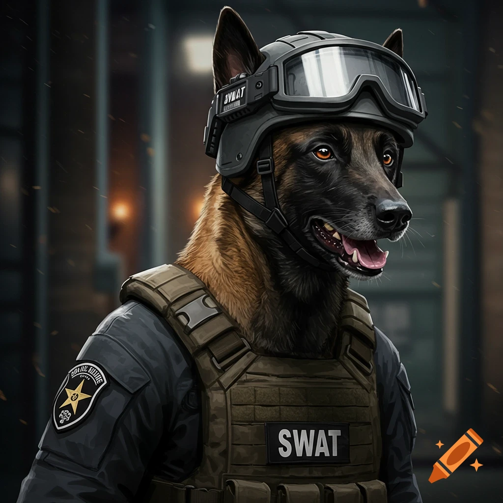 A Belgian Malinois dog wearing tactical SWAT gear, including a vest, helmet, and goggles.