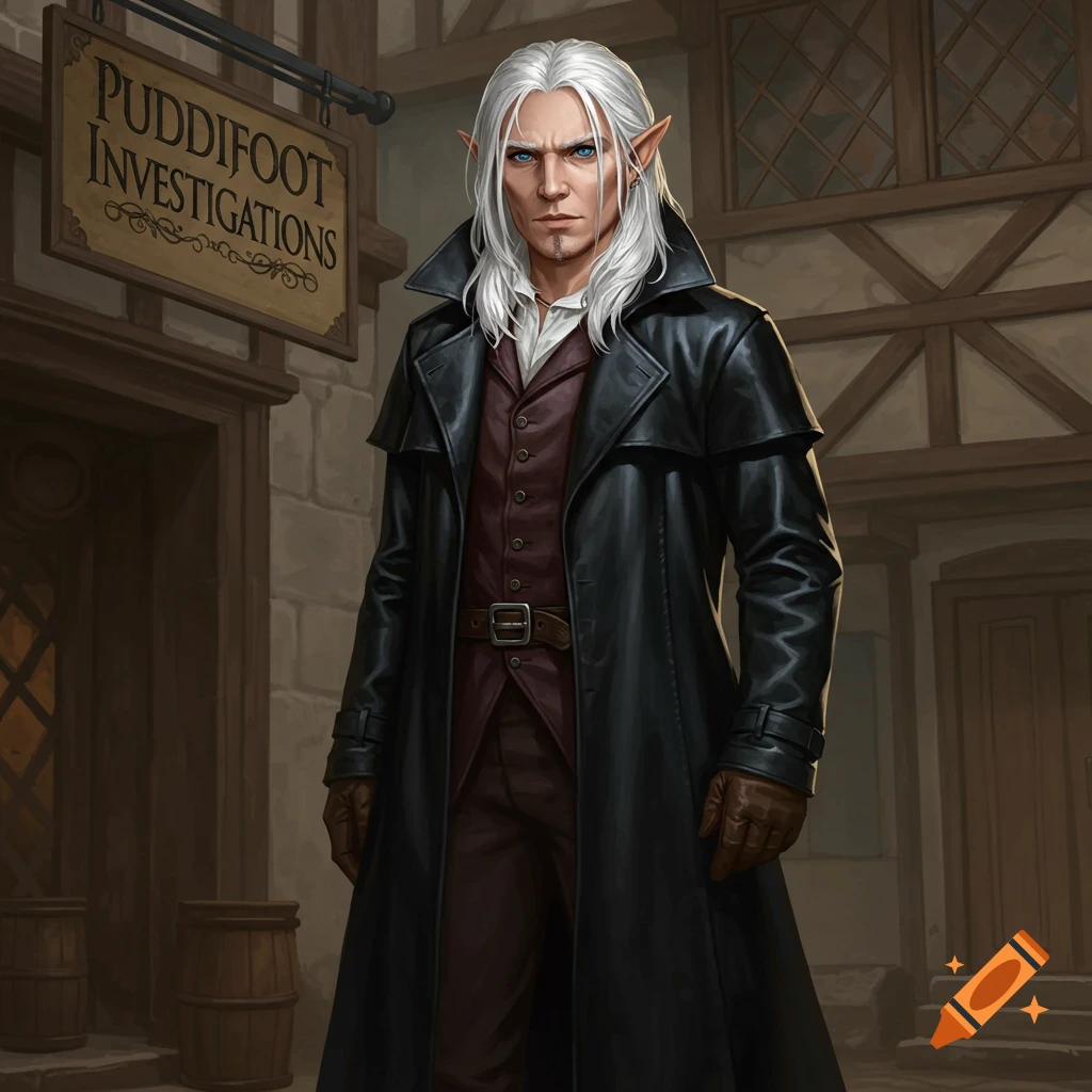 A white-haired elf in a black trench coat stands outside a building with a sign reading 'Puddifoot Investigations'.