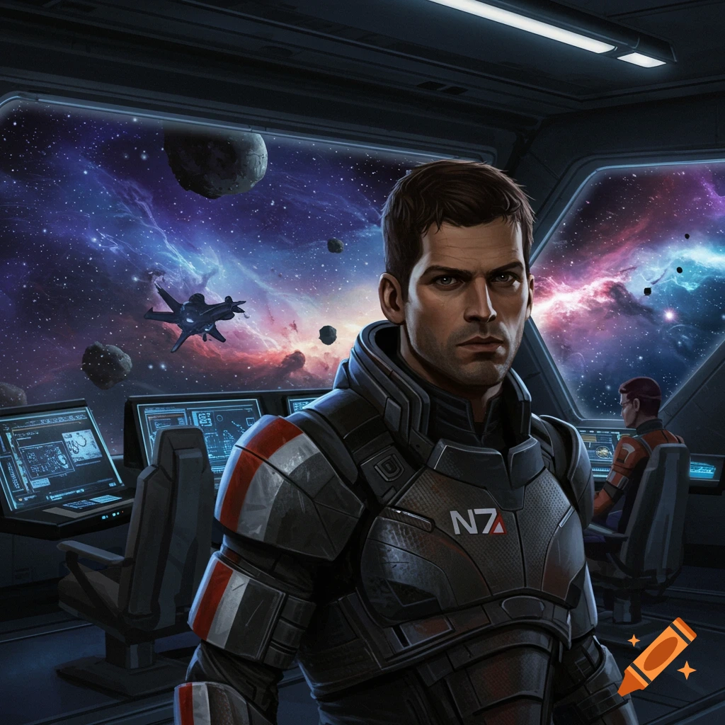 A man in Mass Effect N7 armor on a spaceship bridge looks forward, with space and a ship visible through windows.