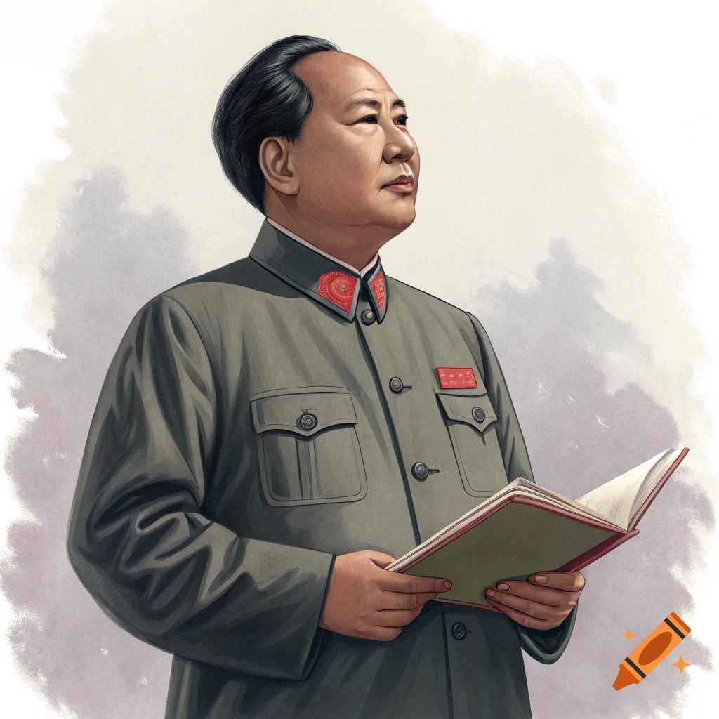 Illustration of Mao Zedong in uniform holding a book