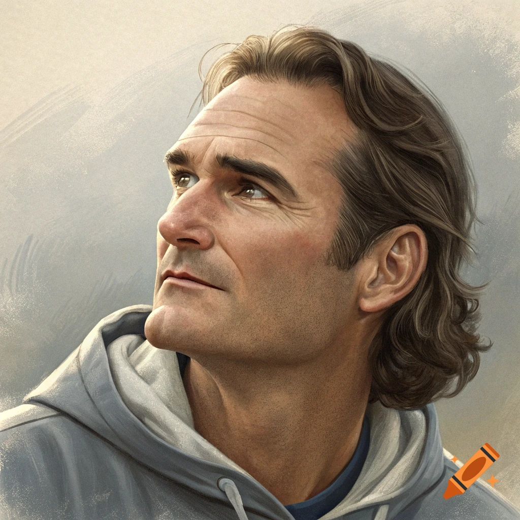 Illustration of a man in a grey hoodie looking up