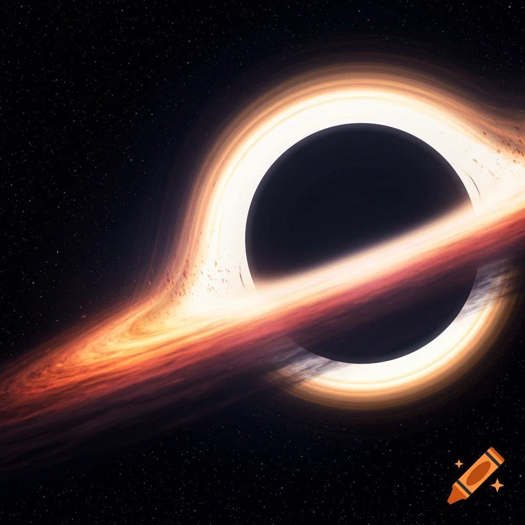 A realistic image of a black hole with a glowing accretion disk against a starry sky.