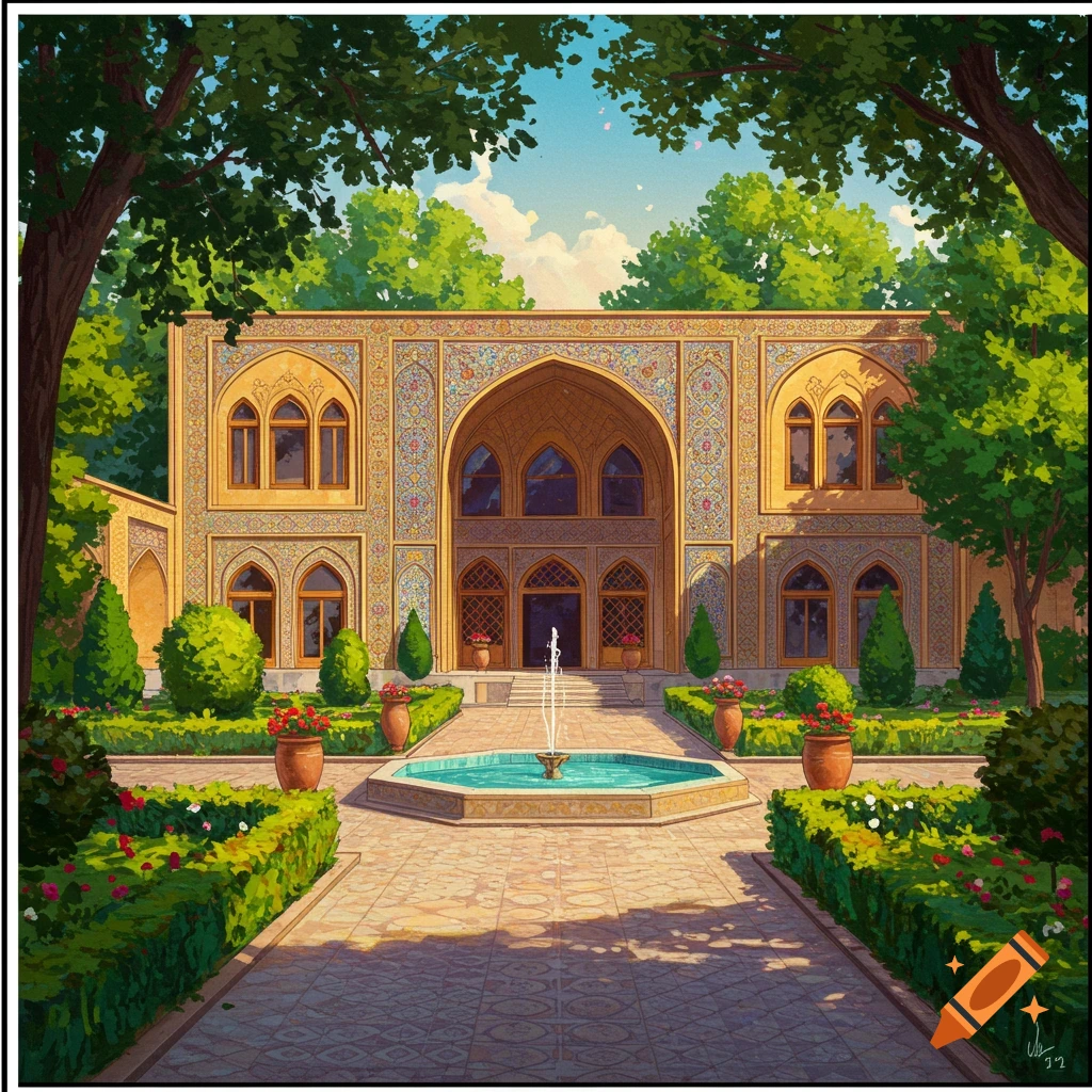 Illustrative view of an ornate villa building with a large garden and fountain.