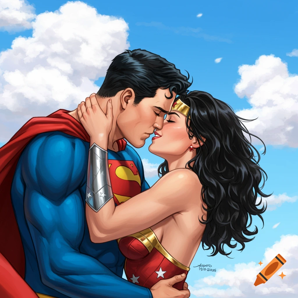 Superman and Wonder Woman kissing against a cloudy blue sky, in a comic art style.