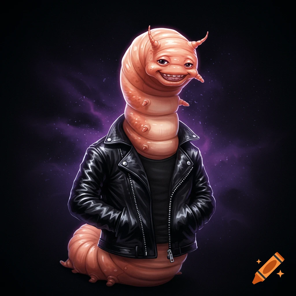 Cartoon illustration of a pink worm wearing a black leather jacket.