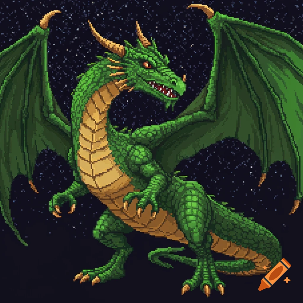 Pixel art green dragon against a starry background.