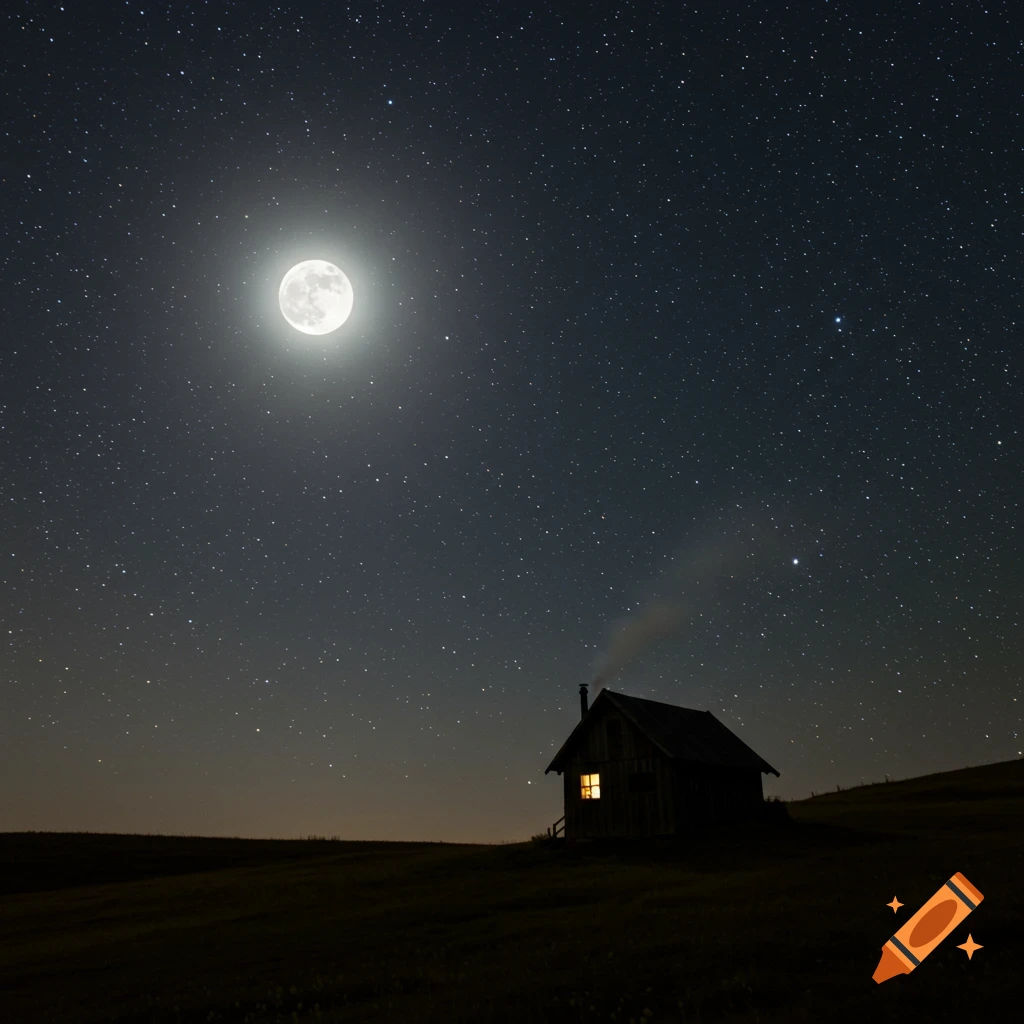A small cabin sits on a hill under a brilliant full moon and a sky full of stars.