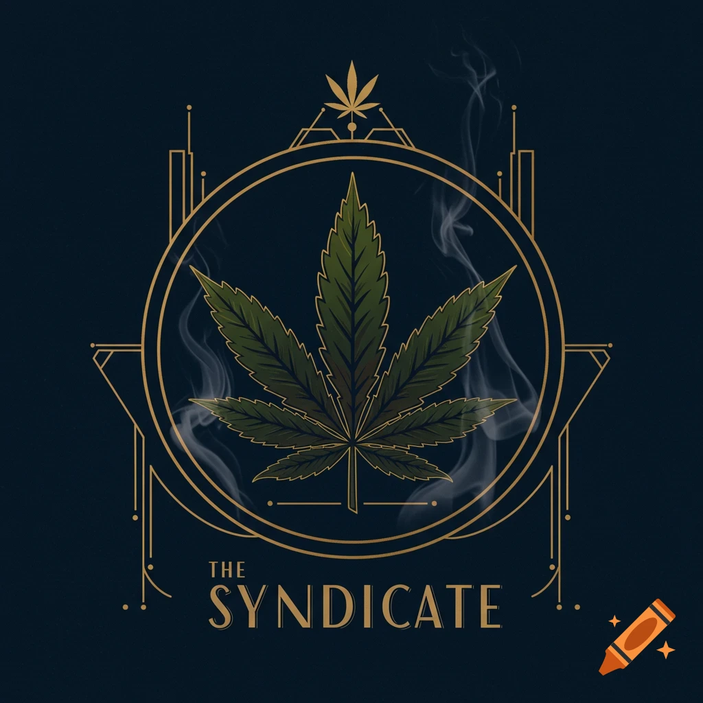 An art deco style logo features a green cannabis leaf in a gold frame, with the text 'THE SYNDICATE' below.