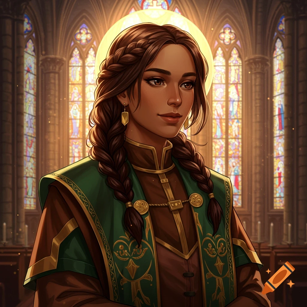 A woman with braids and a halo stands in a church with stained glass windows, depicted in a stylized illustration.