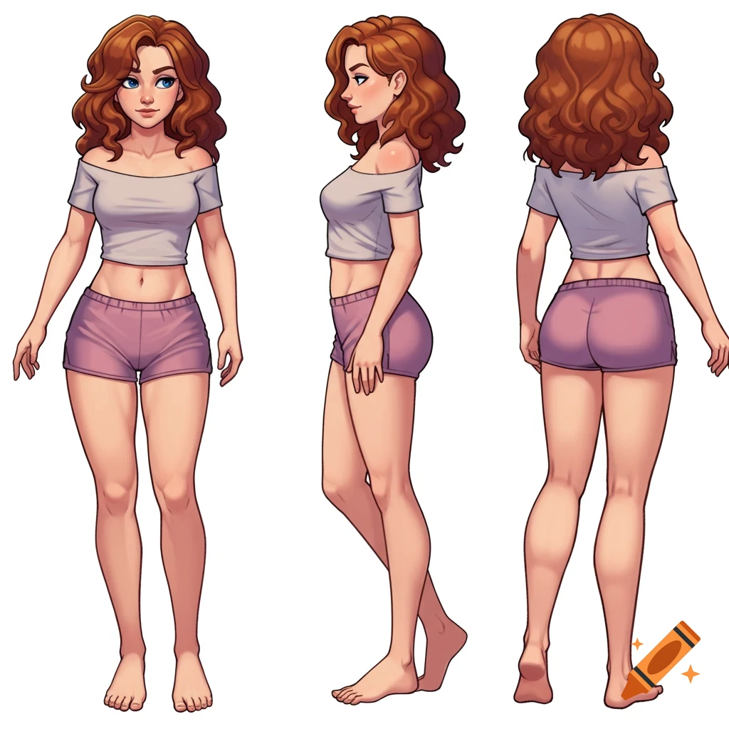 Character model sheet showing full body front, side, and back views of a woman with red hair wearing a crop top and shorts in a clean illustration style.