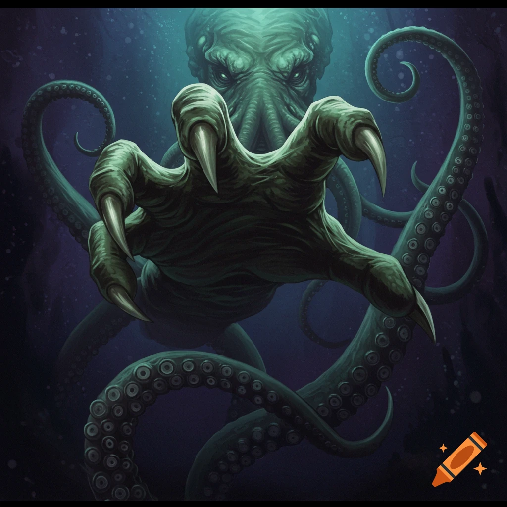 Large green Cthulhu-like creature with tentacles reaching forward from dark water with a clawed hand, digital illustration.