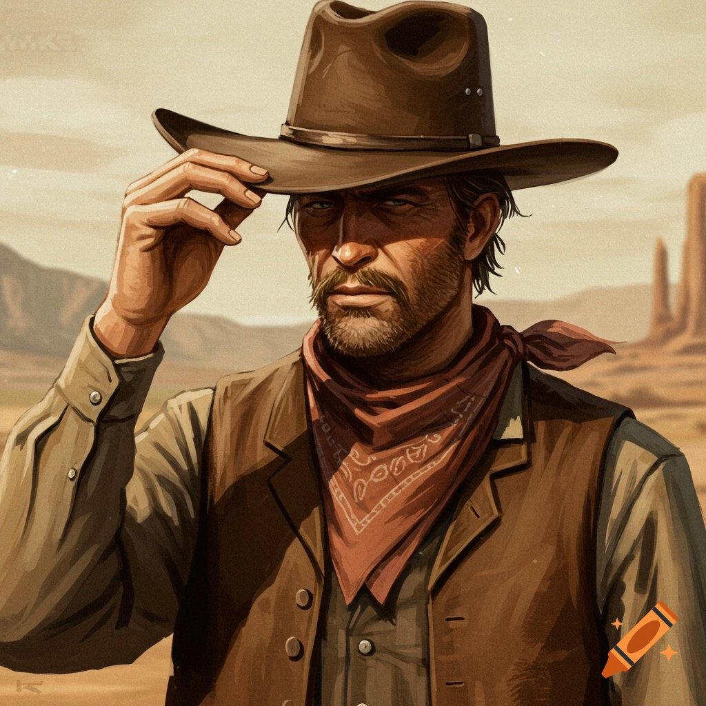 Vintage wild west cowboy tipping his hat in a desert illustration