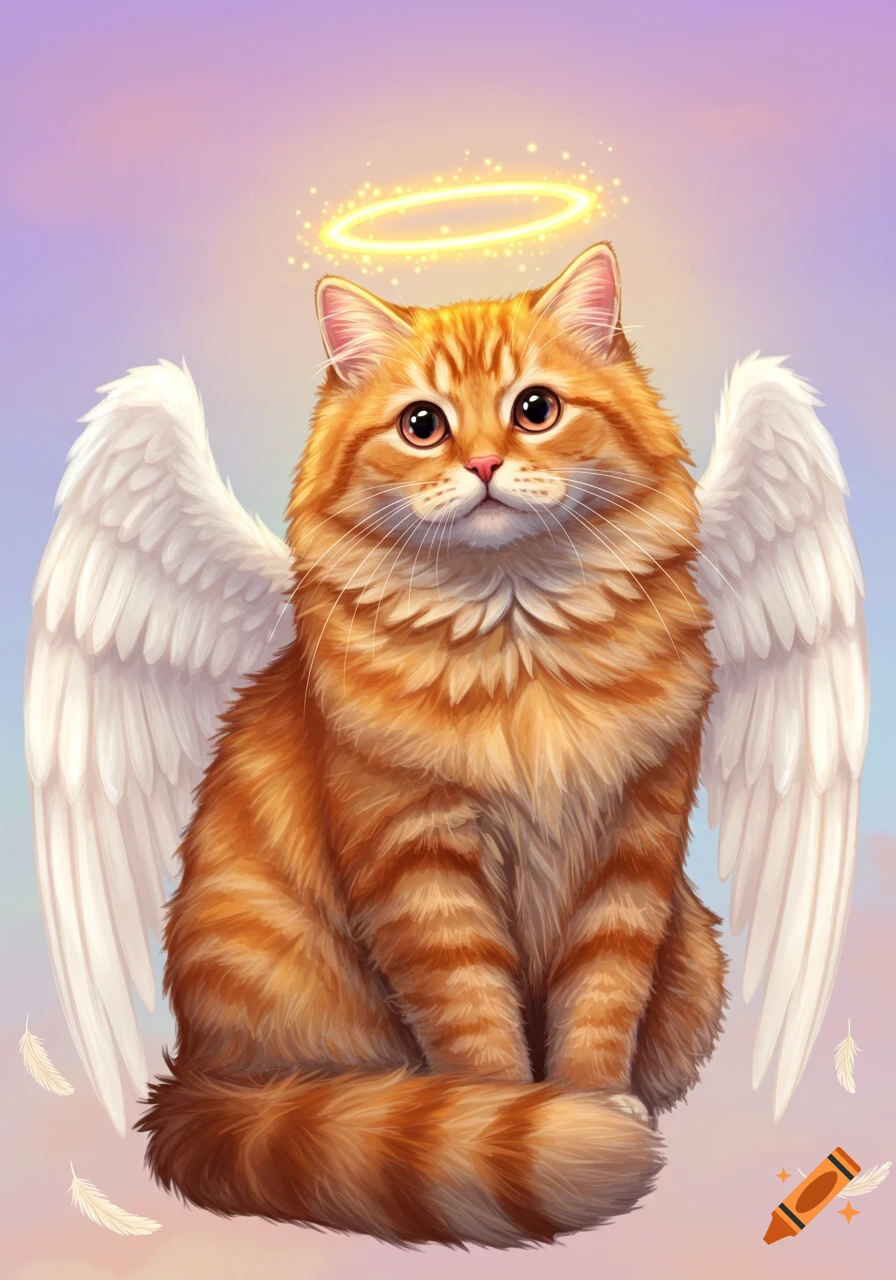 Illustration of an orange tabby cat with white wings and a glowing halo against a pastel sky.