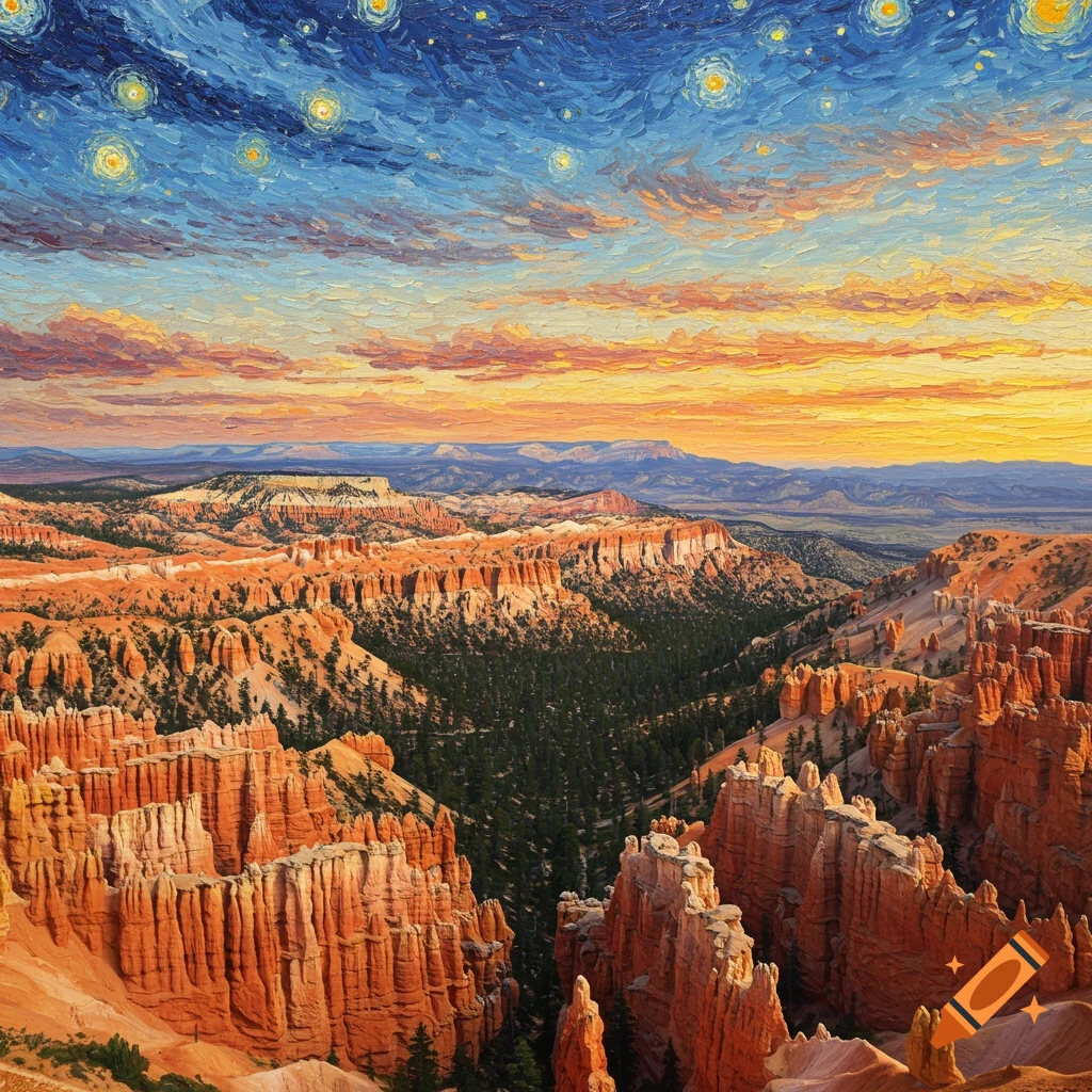 A painting of Bryce Canyon National Park at sunrise in the style of Van Gogh.