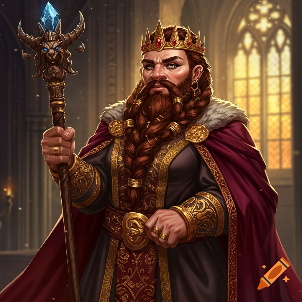A fantasy illustration of a bearded dwarf king in regal attire holding a staff with a glowing crystal.