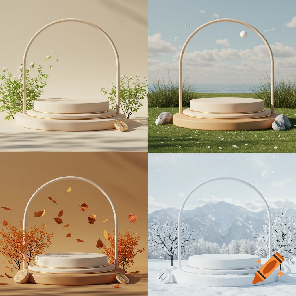 Four minimalist 3D renderings of product stands representing spring, summer, autumn, and winter seasons.