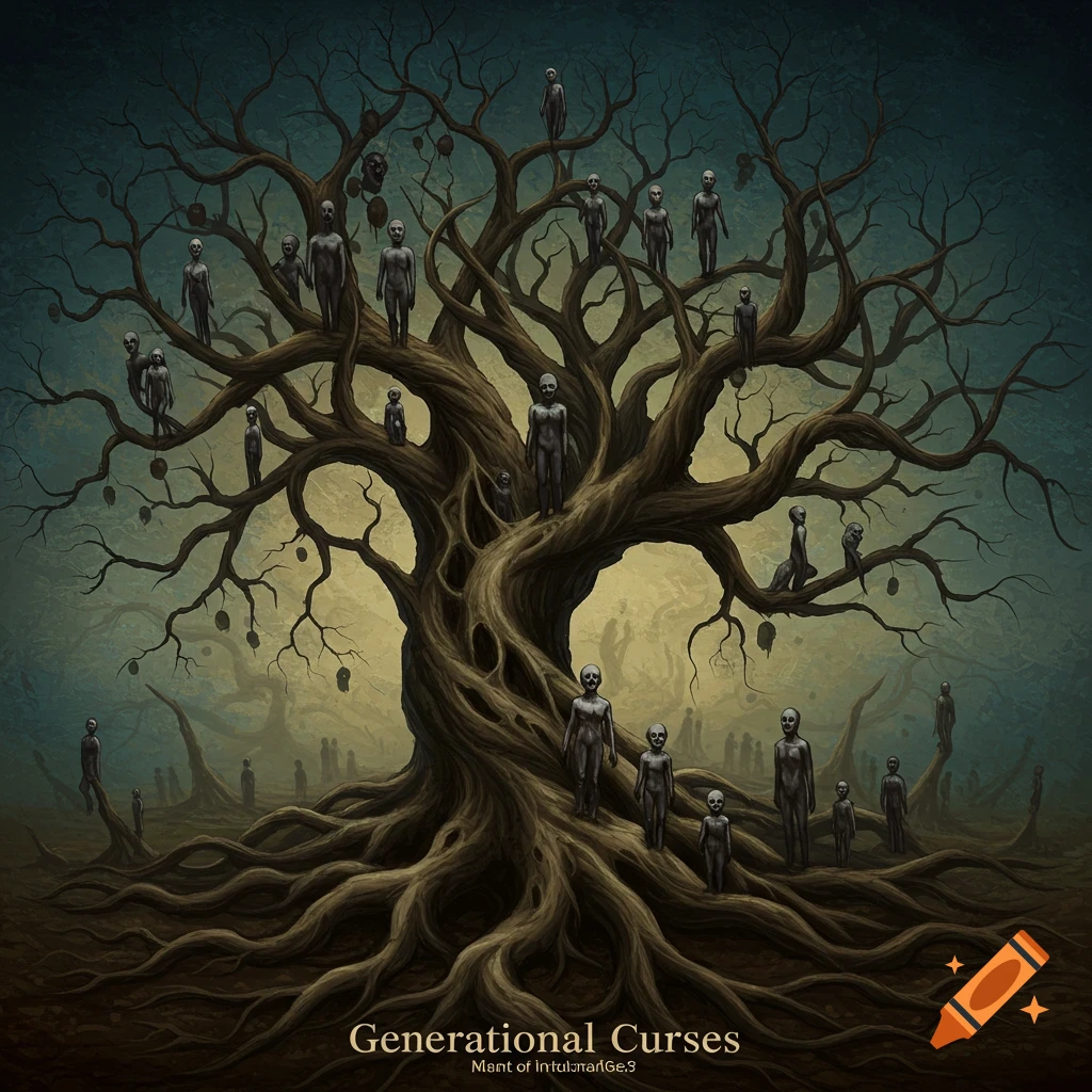 A creepy illustration of a gnarled tree covered in small, grey humanoid figures. Text says 'Generational Curses'.