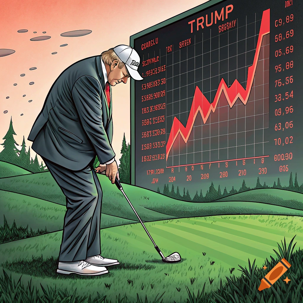 Illustration of a cartoon Donald Trump playing golf next to a screen showing a rising stock market chart.