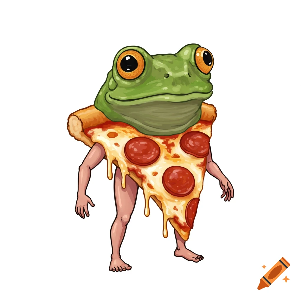 Cartoon illustration of a frog head on a slice of pepperoni pizza with human arms and legs.