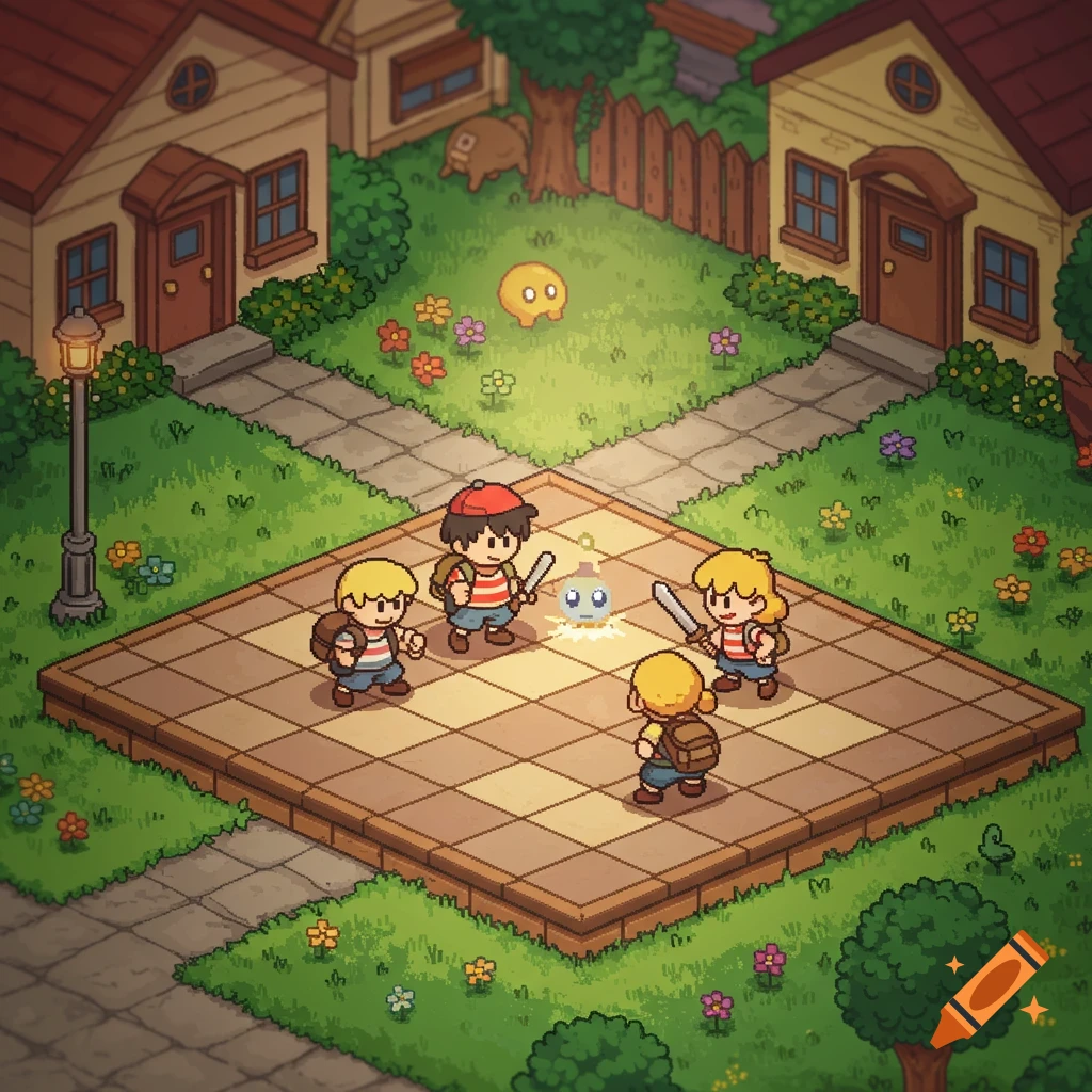 Pixel art illustration of characters fighting a monster on a platform in an Earthbound-style village.
