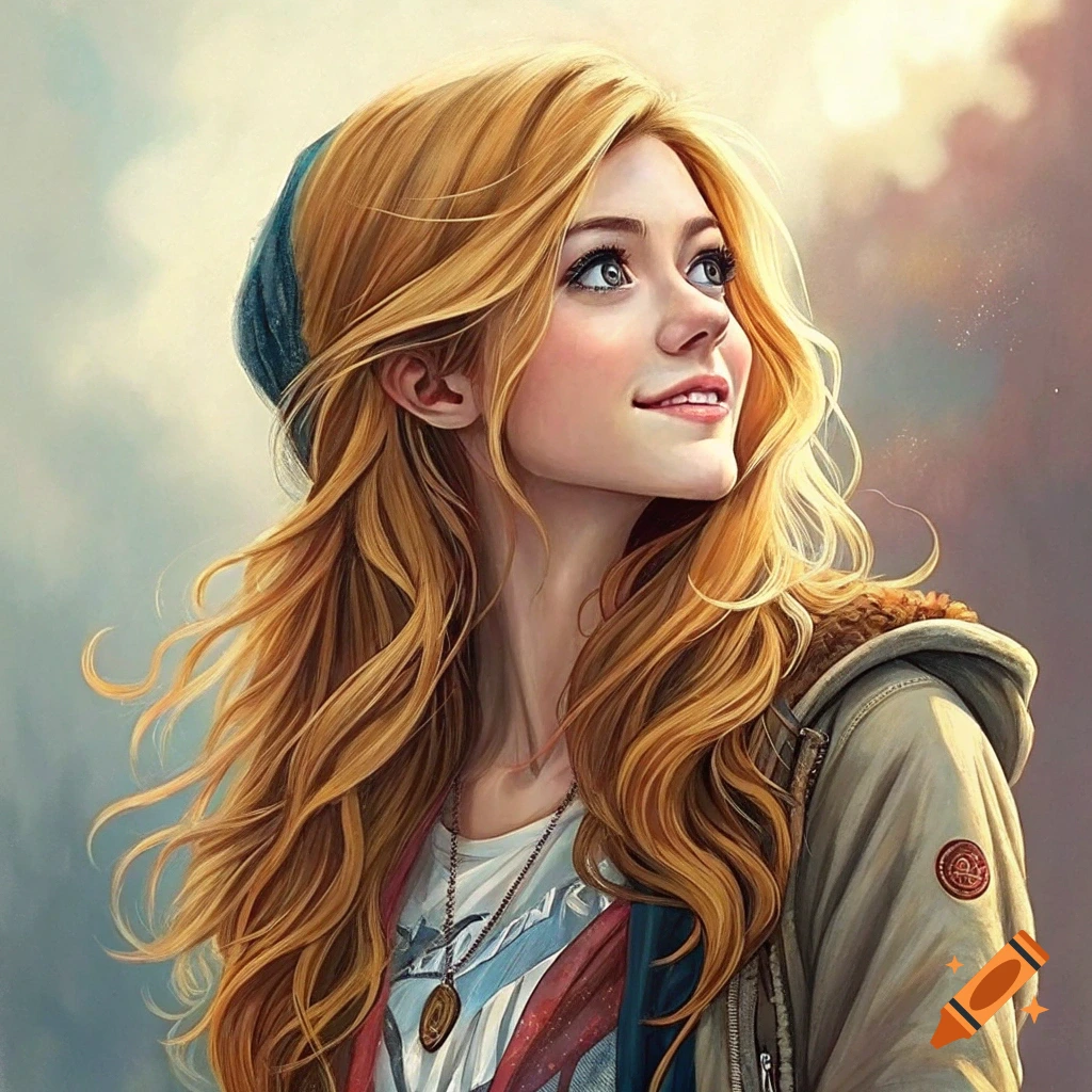 A young woman with long blonde hair is smiling and looking up.