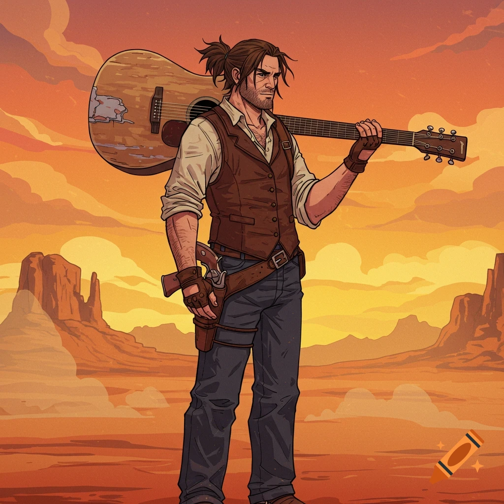 Man in western vest carrying guitar with gun holster at sunset in desert.