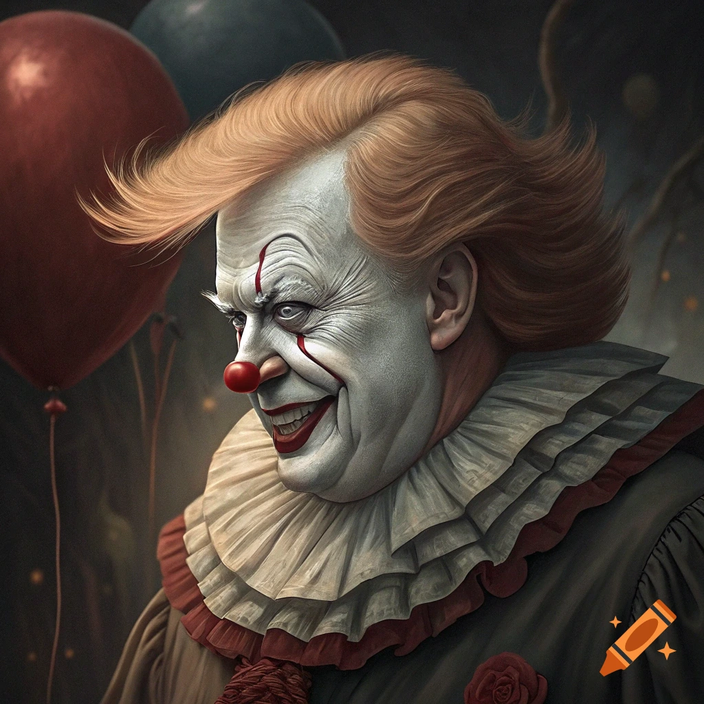 Close-up portrait of a scary clown resembling Pennywise, with red nose, white face paint, ruffled collar, and red balloons.