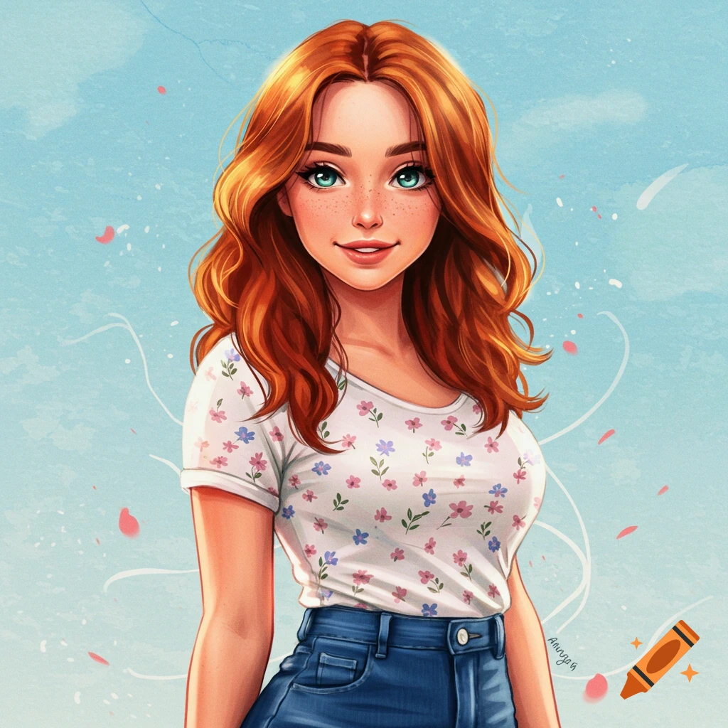 Stylized digital portrait of a smiling young woman with red hair, freckles, wearing a floral shirt