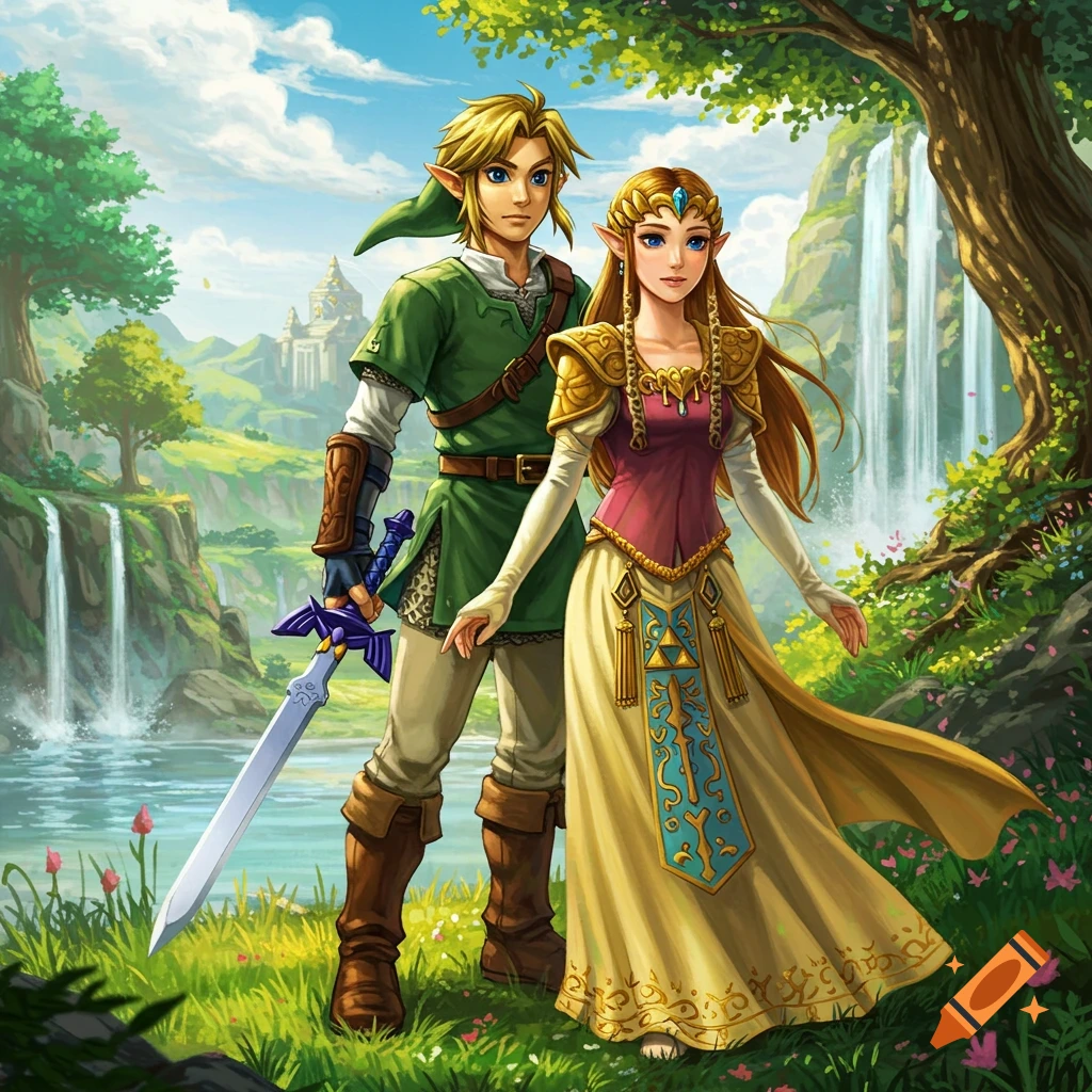 Link and Zelda stand in a fantasy landscape with waterfalls and a distant castle.
