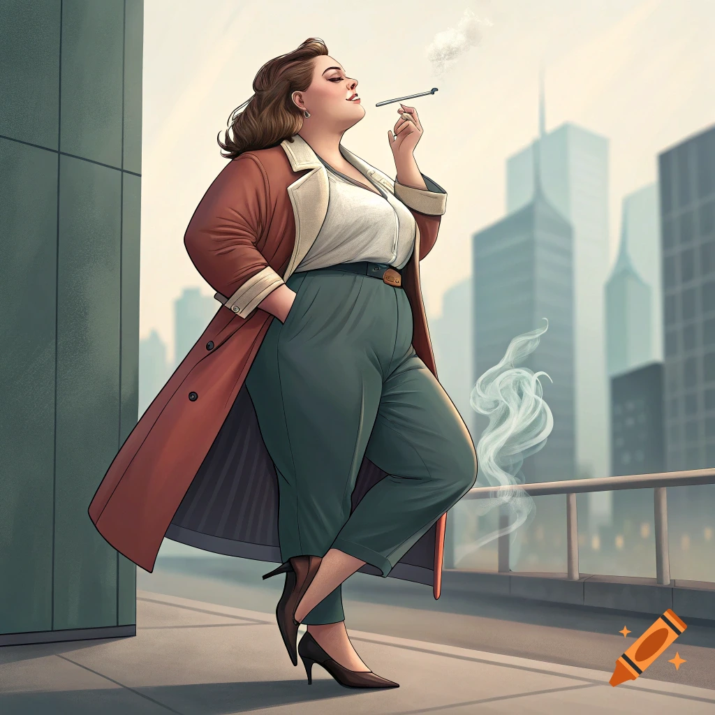 Illustration of a plus-size person in a coat smoking a cigarette on a rooftop overlooking a city.
