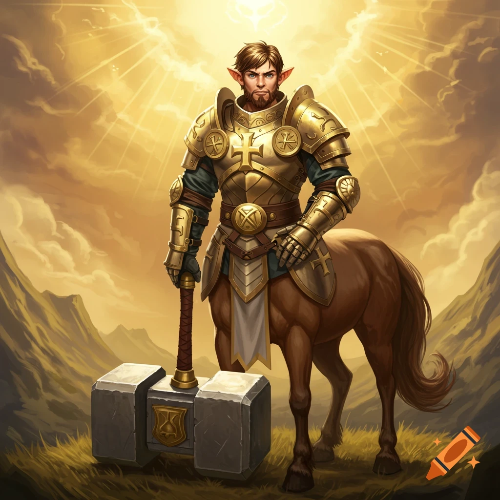 Centaur paladin in golden armor holding a warhammer, standing in a grassy field under a dramatic sky.