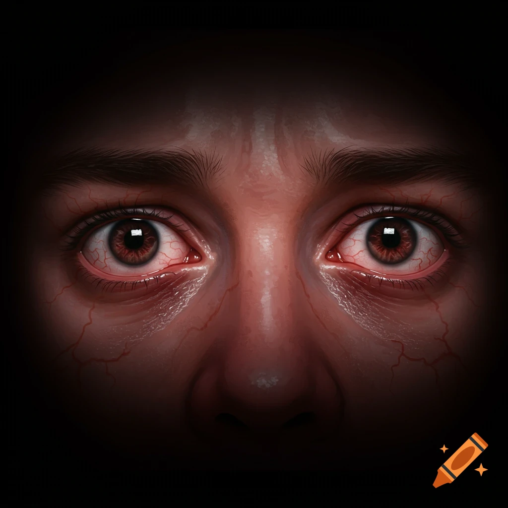 Close-up digital illustration of bloodshot human eyes with visible veins, looking distressed.