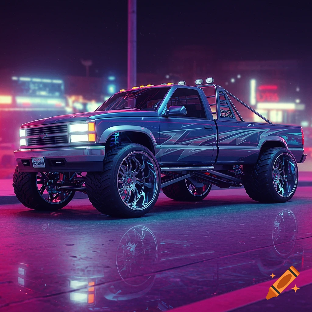 Stylized blue squatted truck on a wet neon street at night with reflections.