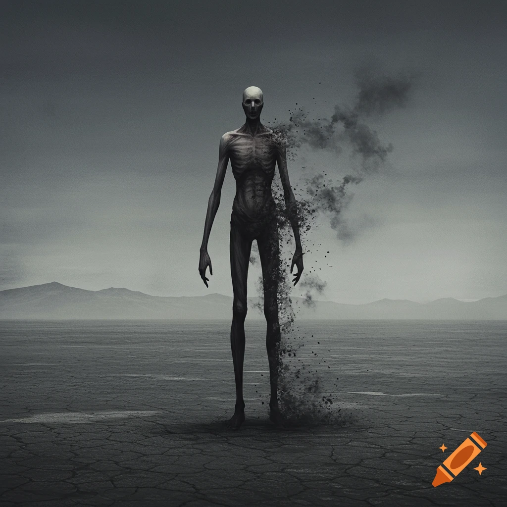 A tall, skeletal figure disintegrating into smoke and dust in a barren desert landscape.