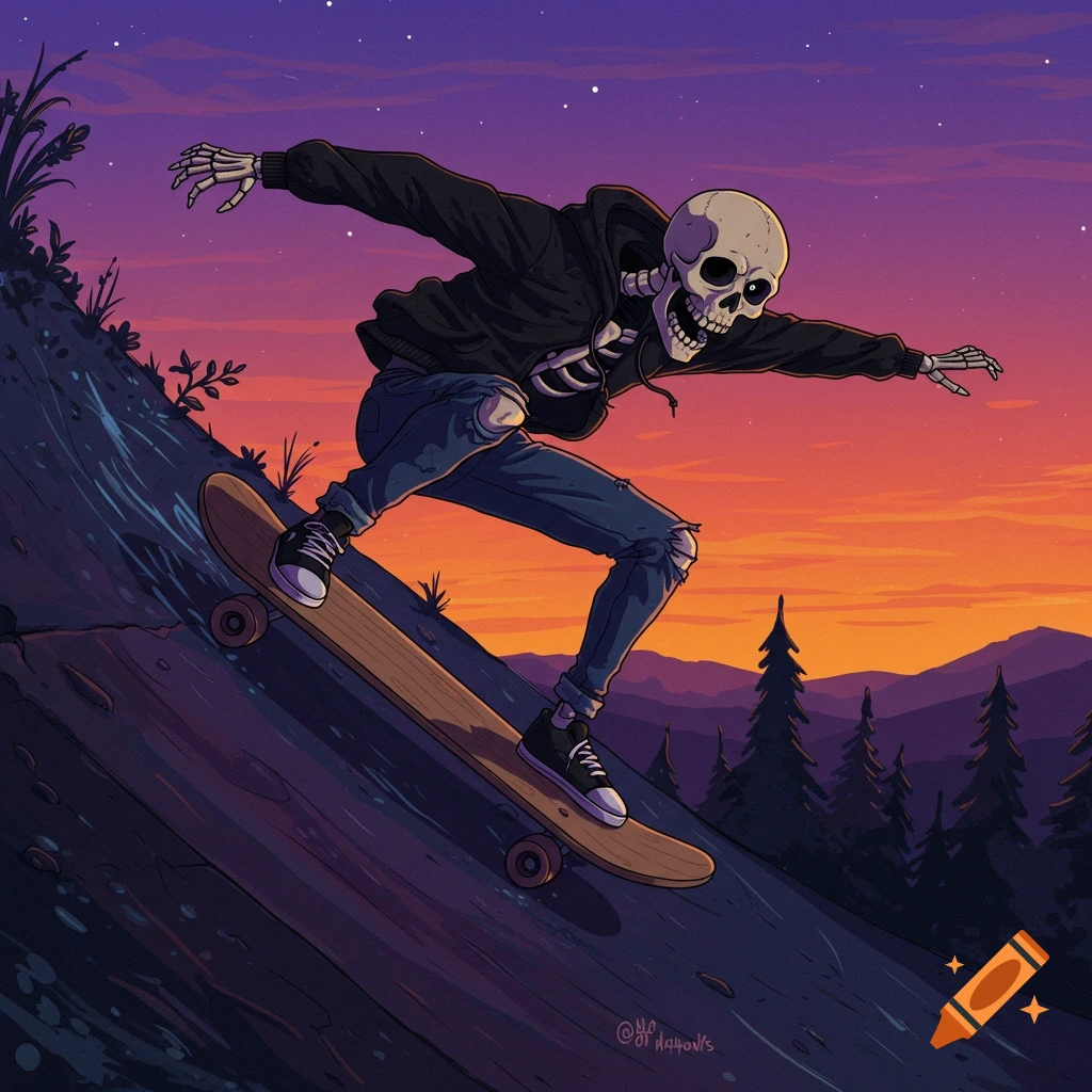 An illustration of a skeleton skateboarding down a hill at sunset
