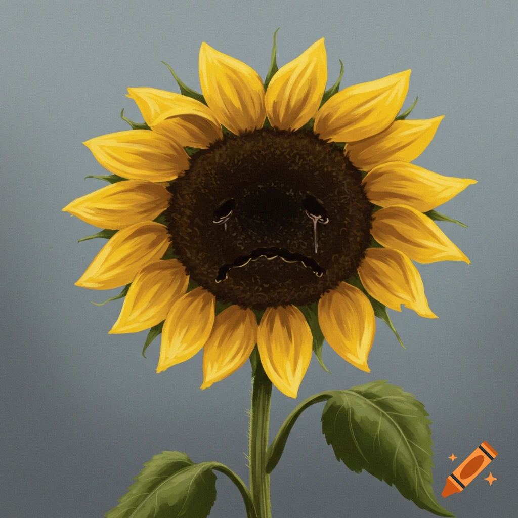 An illustration of a sad sunflower with tears falling from its eyes.