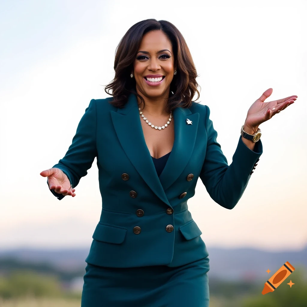 Portrait photo of a woman resembling Kamala Harris in a green suit, standing outdoors and gesturing.