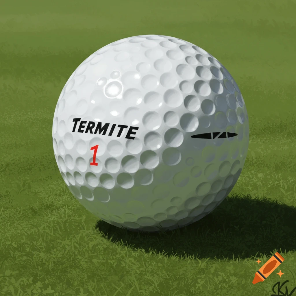 A white golf ball with 'TERMITE 1' written on it rests on green grass.