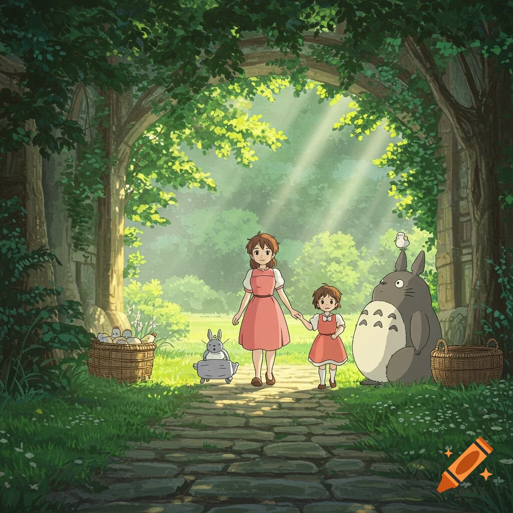 Anime illustration of two girls and Totoro walking on a stone path through a sunny forest archway.