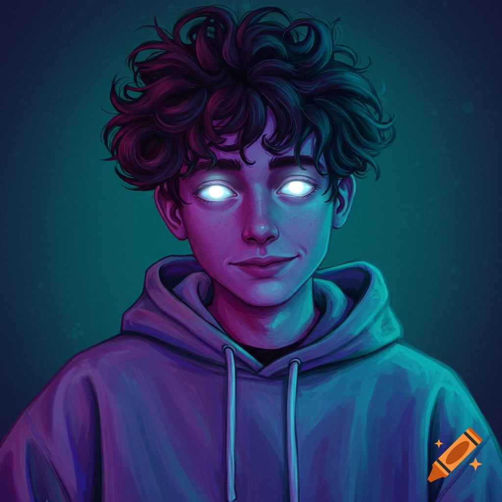Digital illustration of a young person with messy hair, a hoodie, and glowing eyes.
