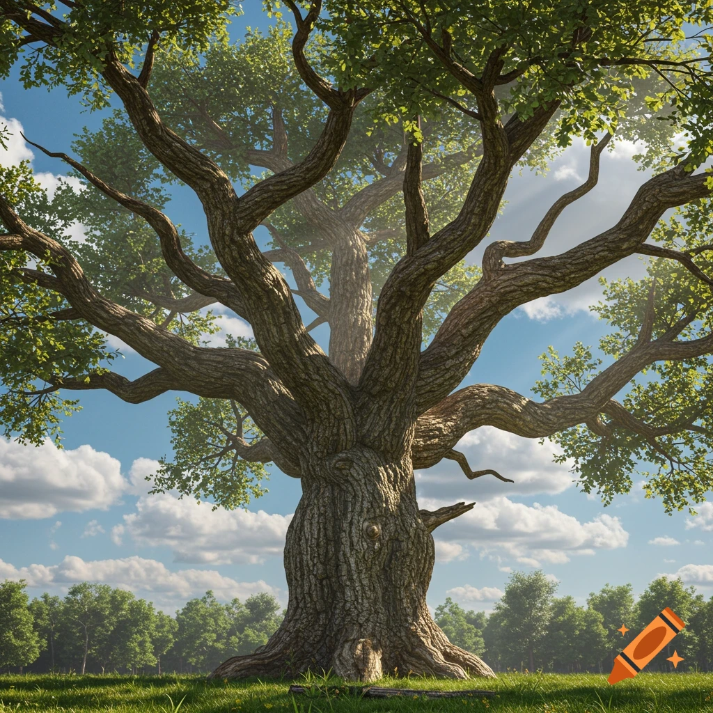 A large, old tree stands in a grassy field under a blue sky with clouds. Photorealistic style.