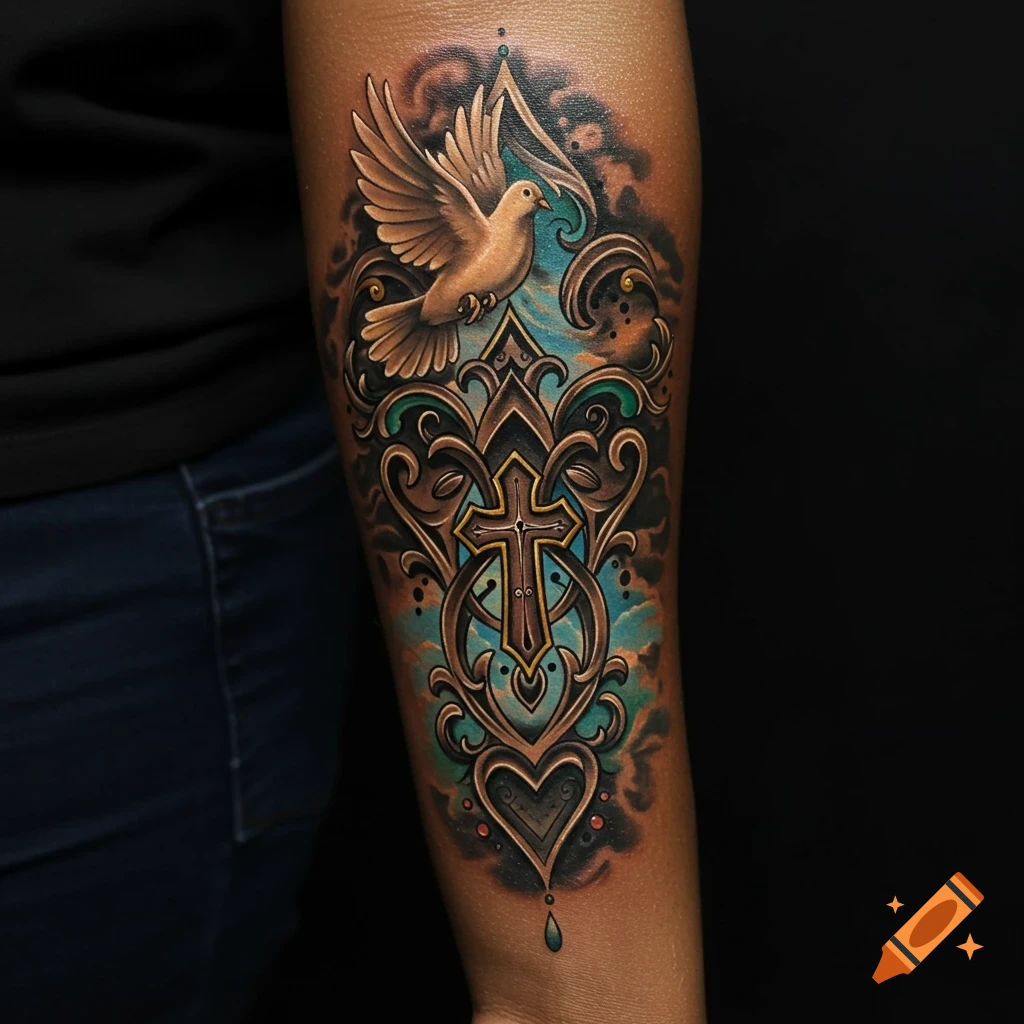 Realistic tattoo of a dove, cross, and heart on an arm.